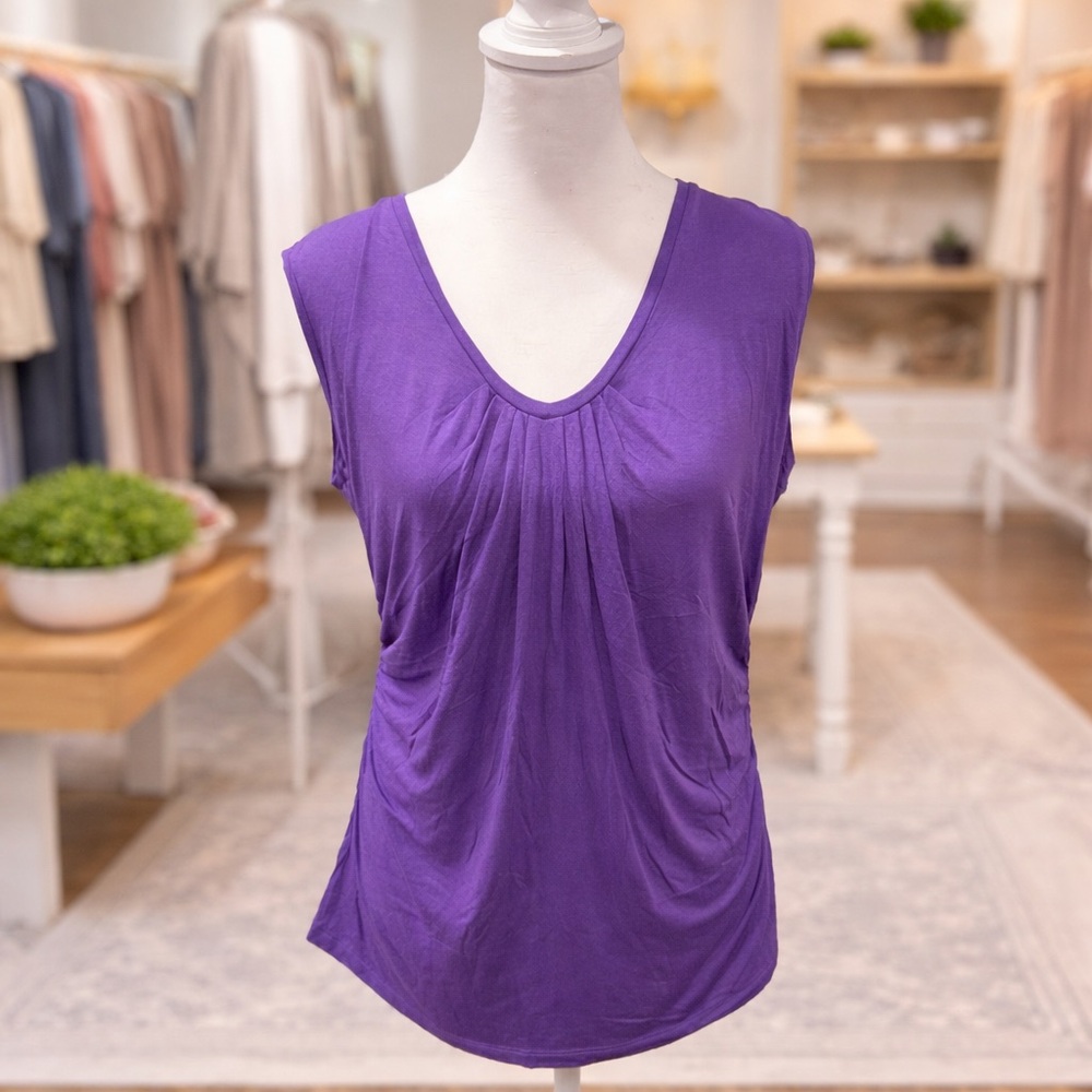 New York & Company Purple Blouse XL Soft Stretch Pleated Front Top